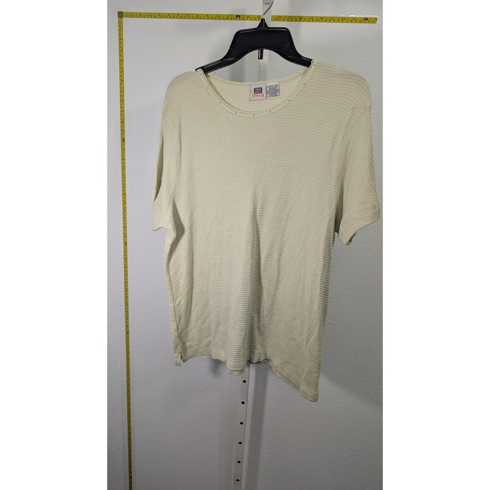 Faded Glory Stretch Top Women XL Stone Beige Ribbed Knit Rhinestone Crochet Trim